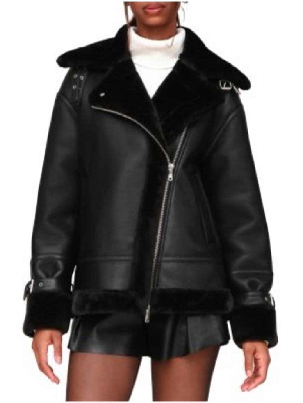 Avec Les Filles Black Oversized Faux Leather Shearling Aviator Jacket